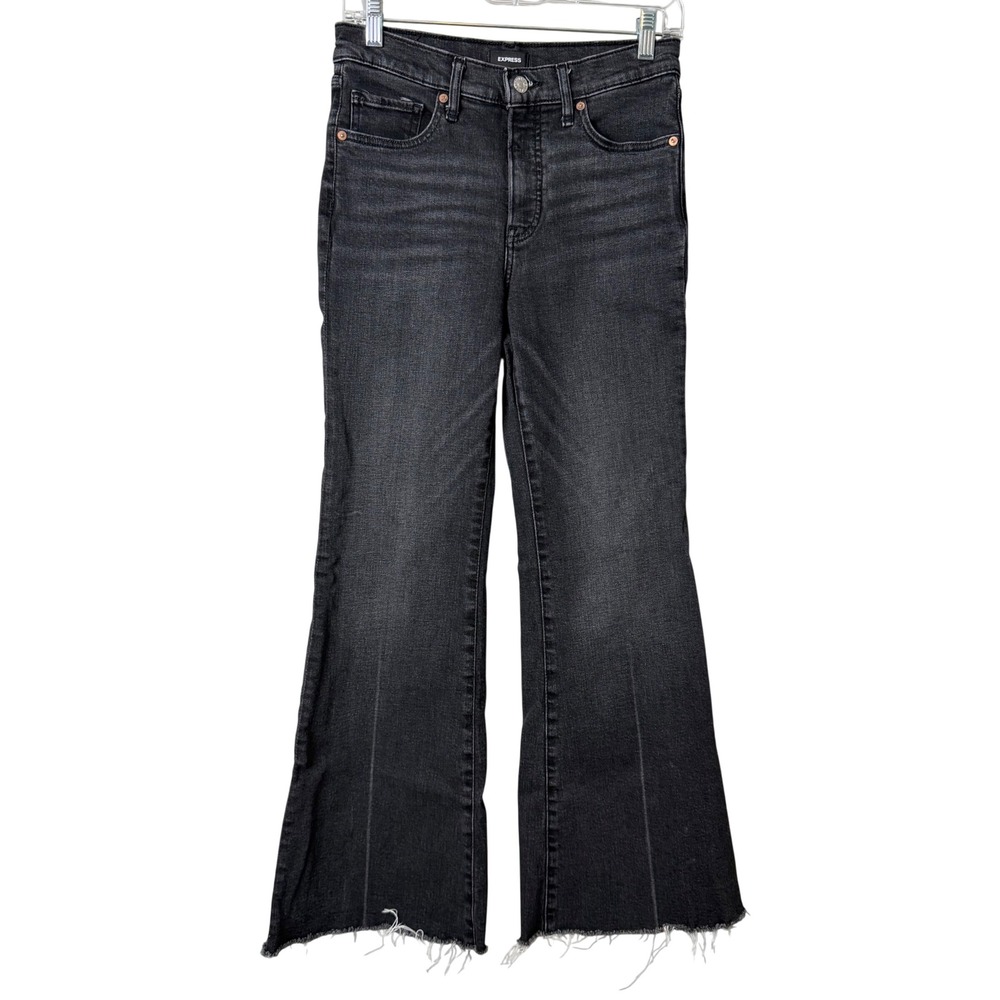 Express 70s Flare Mid Rise Jeans Womens 4 Short Black Wash Raw Hem Boho Stretch